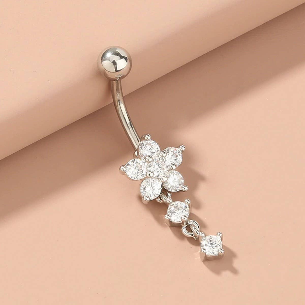 Zircon Flower Belly Ring with Stainless Pendant_CWMM9239