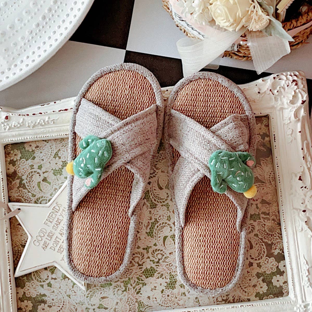 RETRO CROSS LINEN NON SLIP SLIPPERS FOR WOMEN_CWMM2948