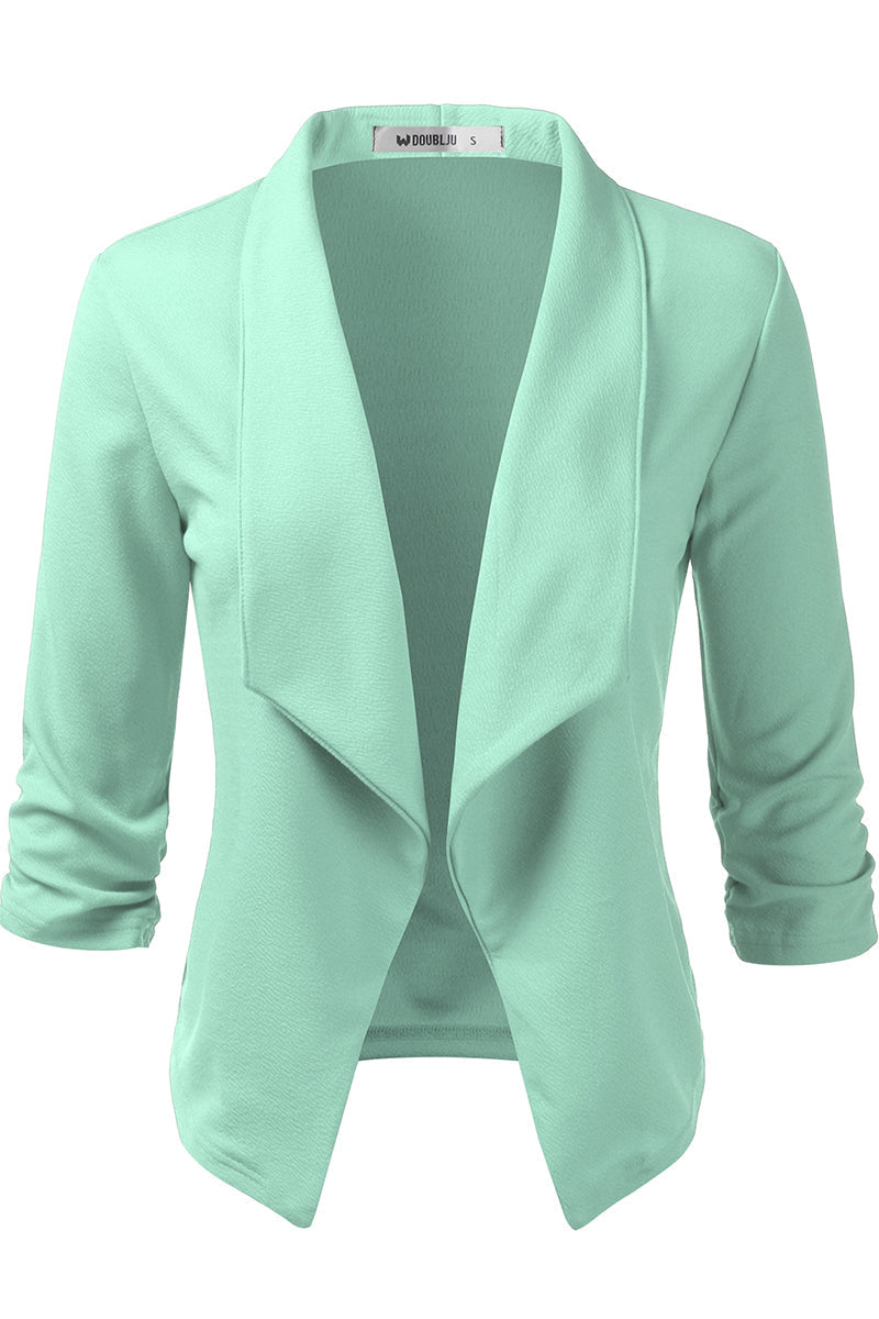WOMEN'S CASUAL WORK RUCHED 3/4 SLEEVE OPEN FRONT BLAZER JACKET WITH PLUS SIZE