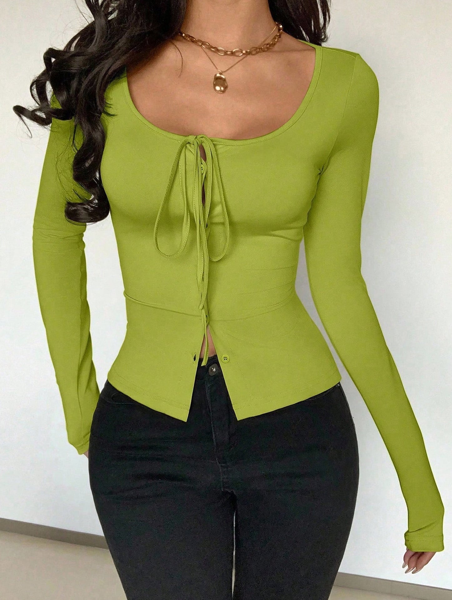 Square neck tie single-breasted long-sleeved top