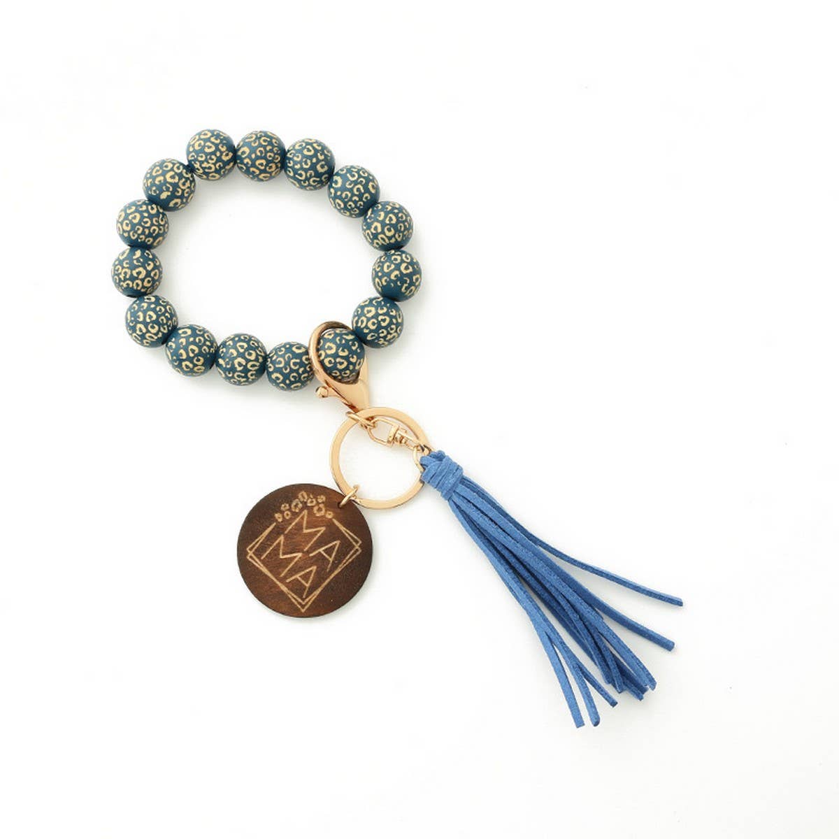 LEOPARD WOOD BEAD BRACELET WITH TASSEL KEYCHAIN_CWAB5107