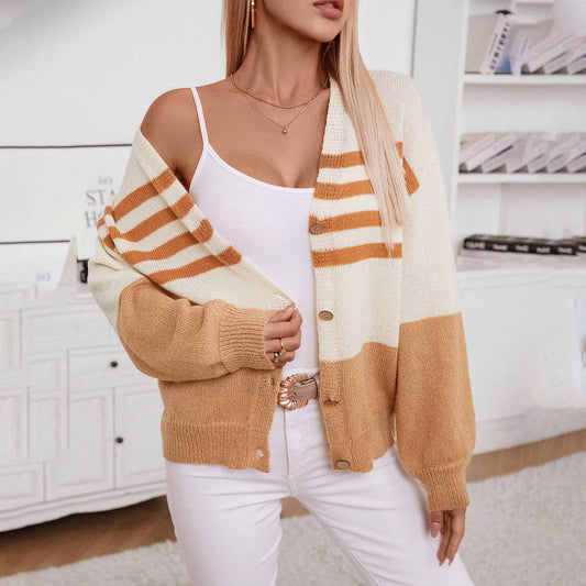 Striped button knit cardigan in contrasting colors