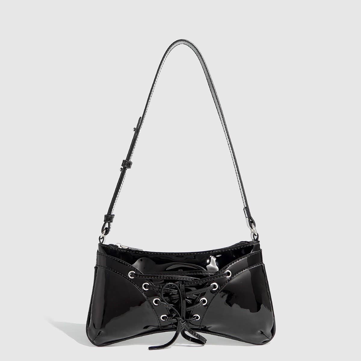 Glossy Bow Studded Drawstring Shoulder Bag_CWAB5704