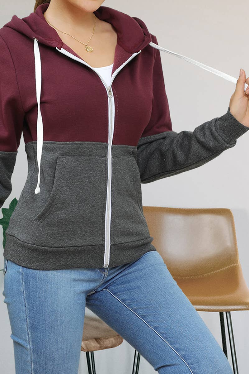 CWOHOL215-P_2 COLOR BLOCK ZIP-UP 2 SIDE POCKETS HOODED