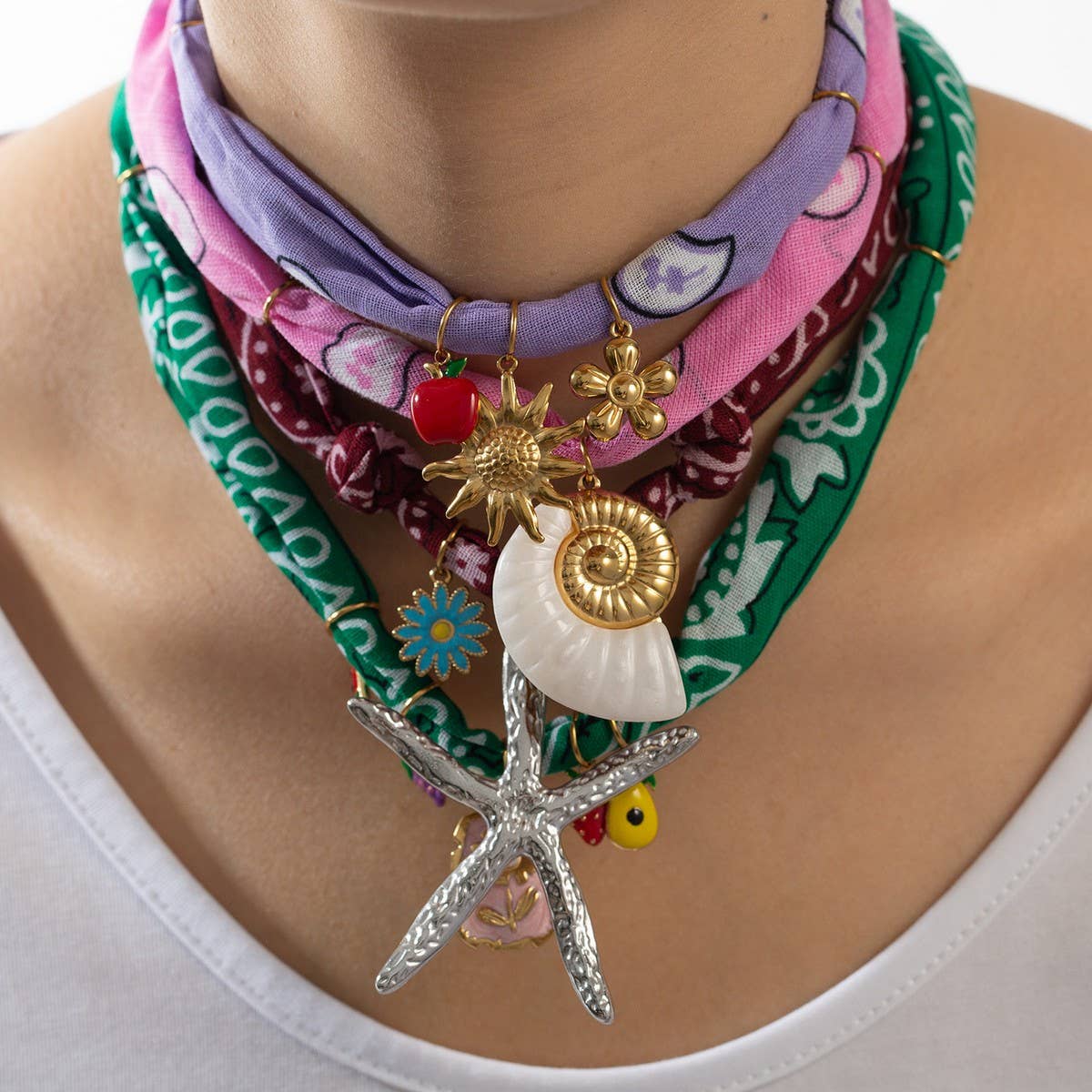 Ocean Style Silk Scarf Necklace with Charms_CWMM8800