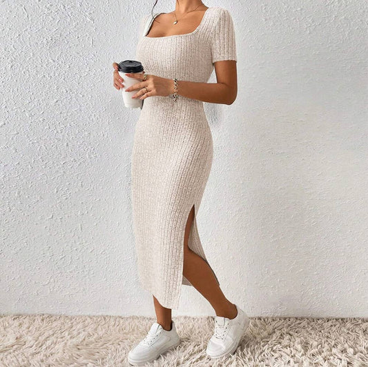 Slit wrap hip square collar knitted dress