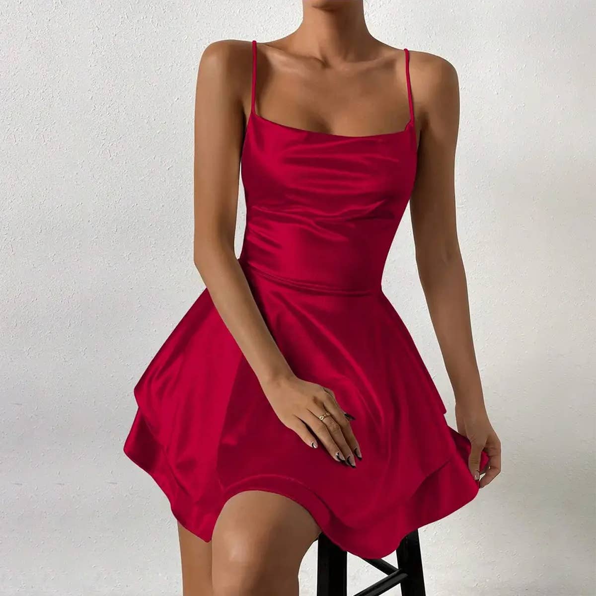 Sexy halter satin pure color ruffled short dress