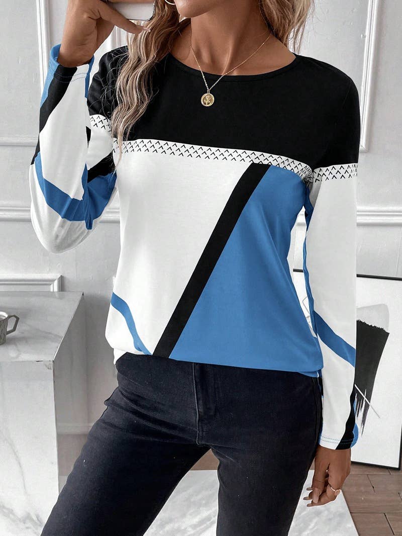 Round-neck color-blocking geometric print top