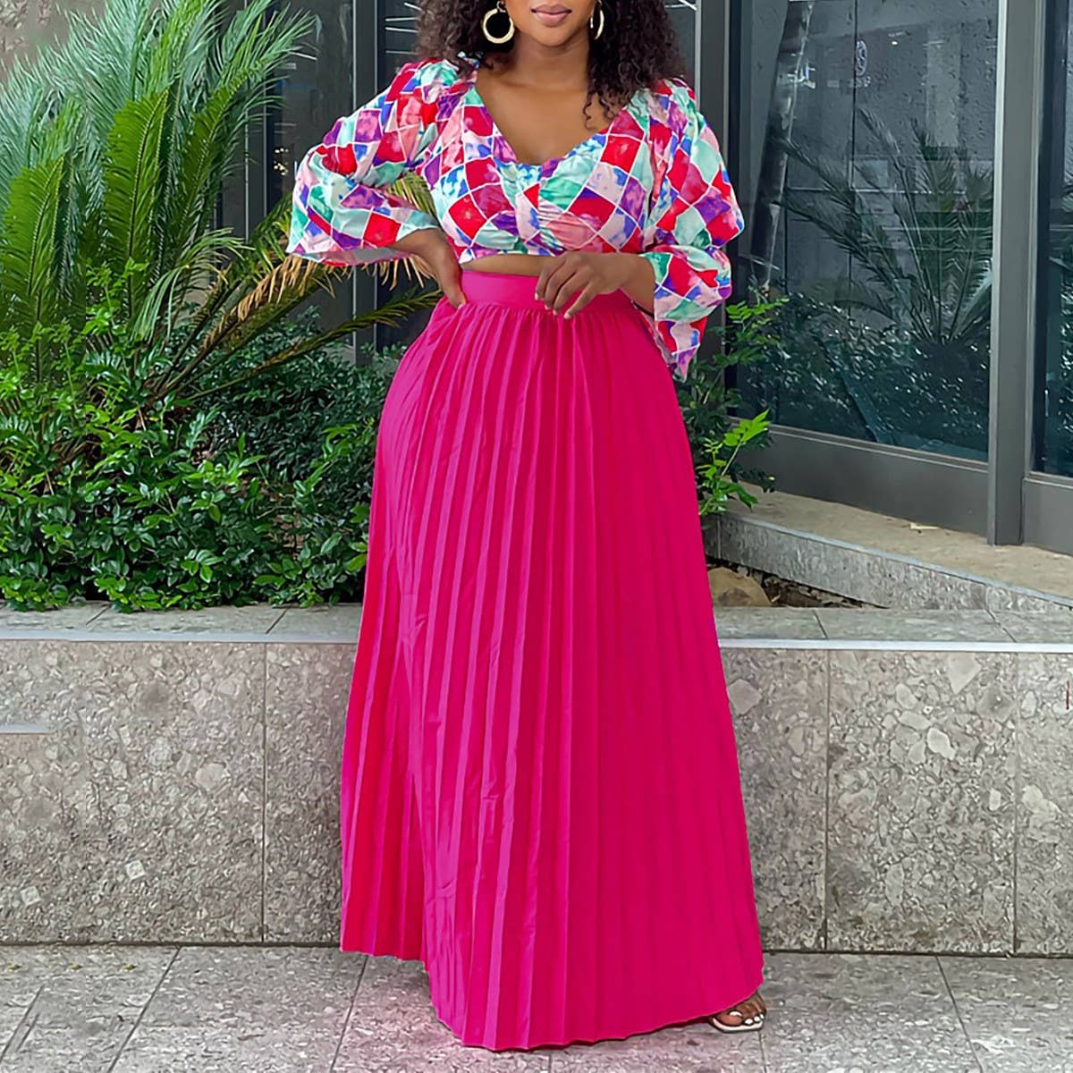 PRINTED TOP PLEATED LONG SKIRT TWO-PIECE SUIT_CWSTB1137