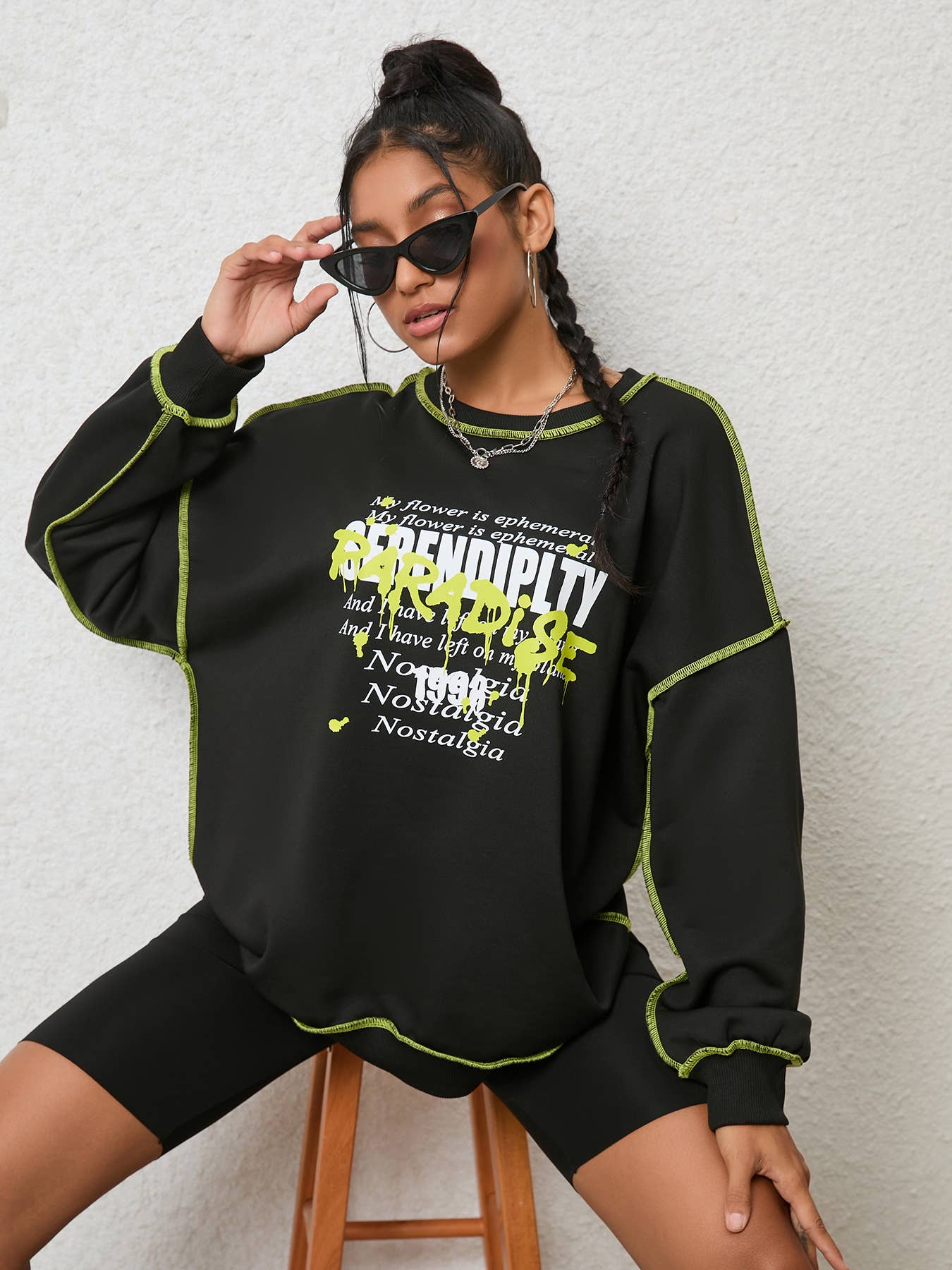 SOLID COLOR LOOSE ROUND NECK LONG-SLEEVED HOODIE