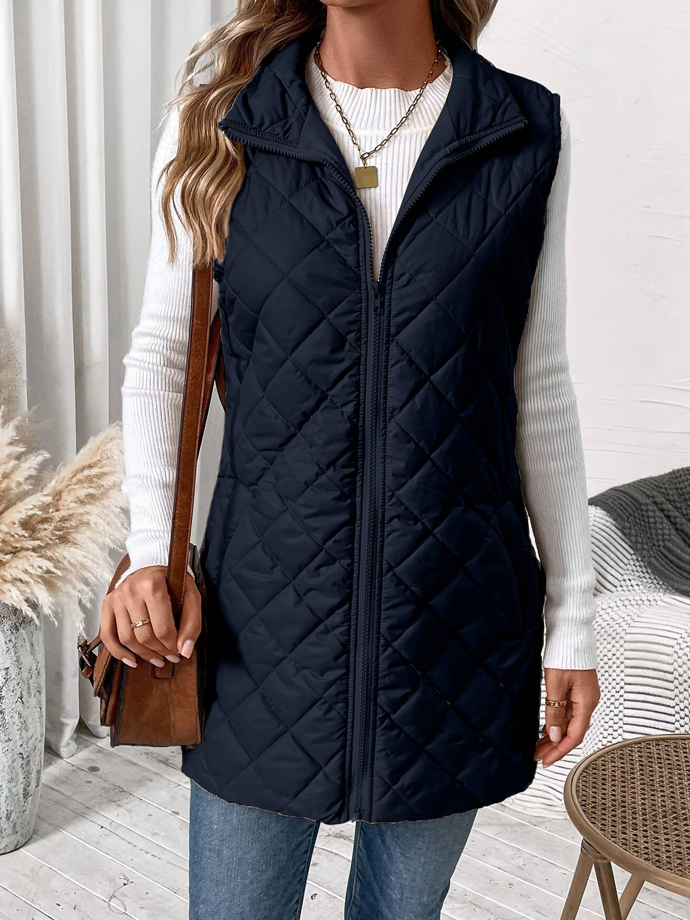 Lapel sleeveless long zipper cotton-padded Vest