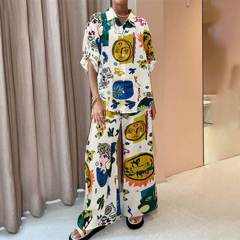 PRINTED SHIRT WIDE-LEG PANTS TWO-PIECE SET