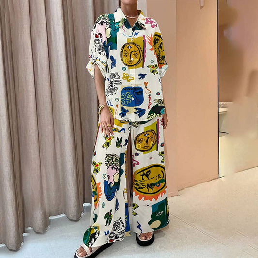 PRINTED SHIRT WIDE-LEG PANTS TWO-PIECE SET