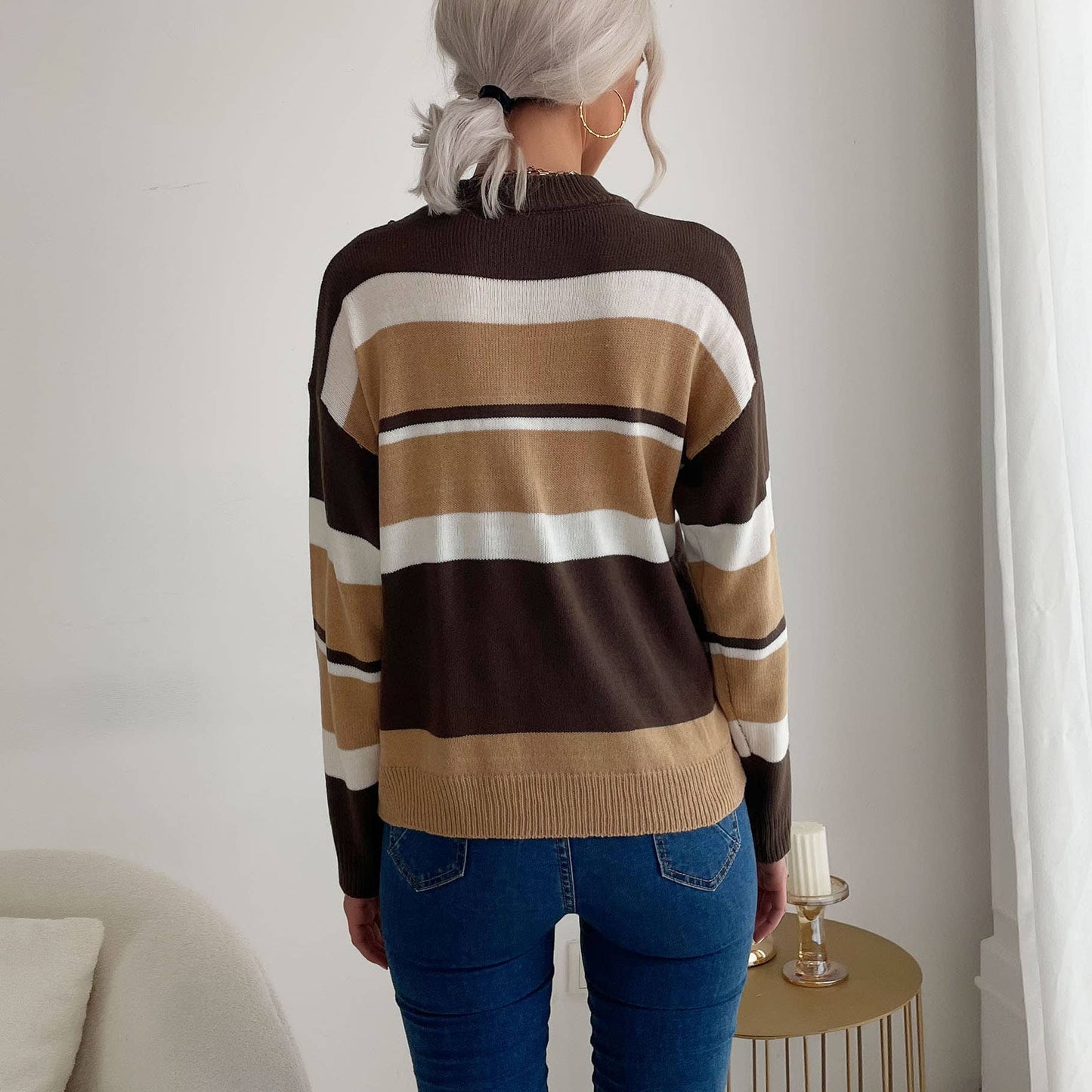 STRIPED PATCHWORK SEMI-TURTLENECK SWEATER