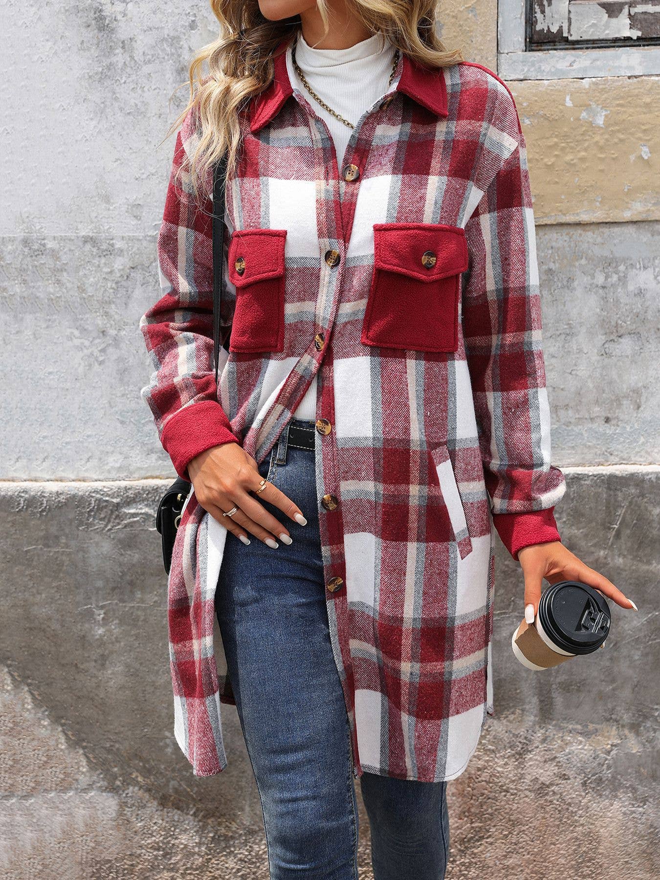 LONG SINGLE BREASTED COAT IN BRUSHED PLAID
