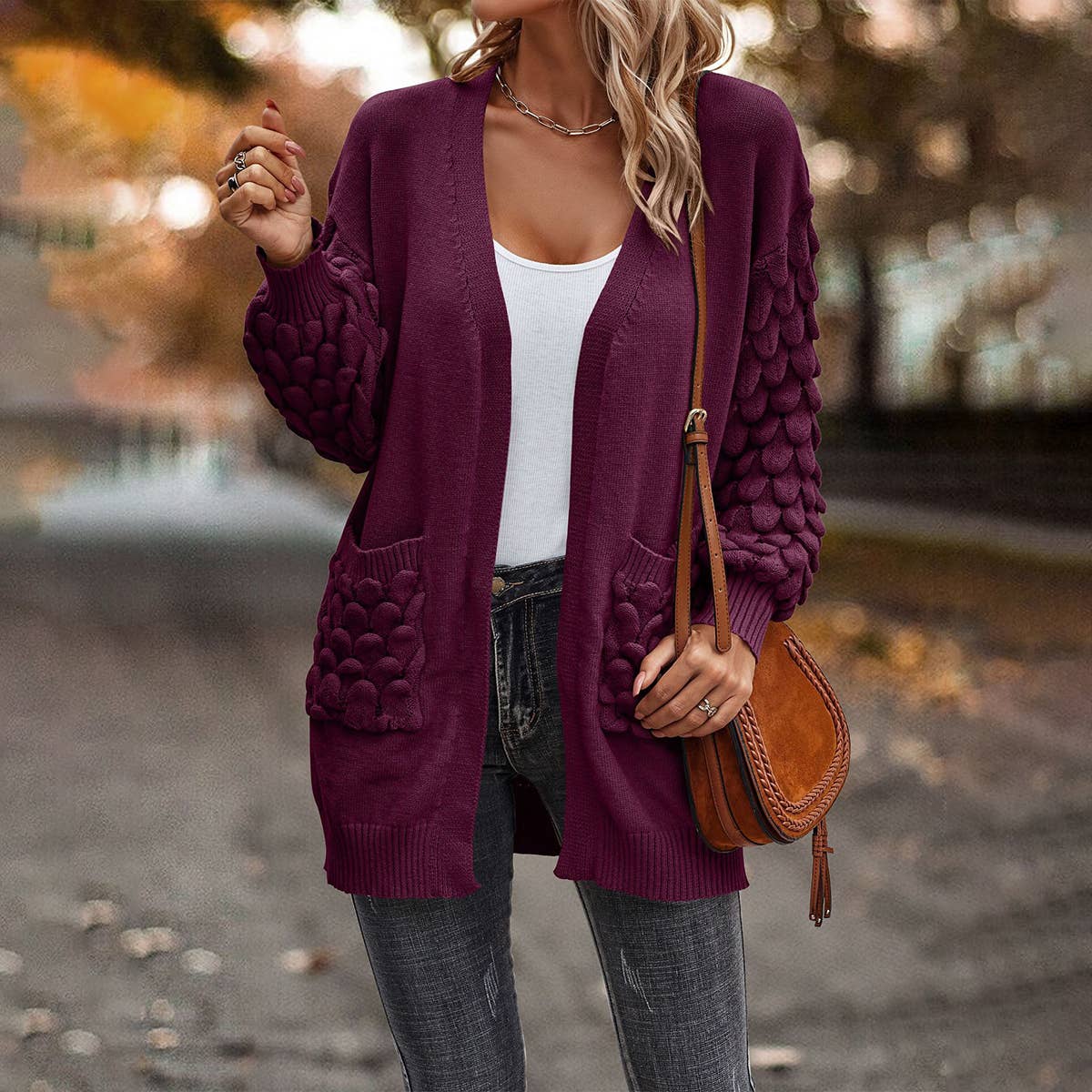 FEATHERED V-NECK LONG SLEEVE KNIT CARDIGAN