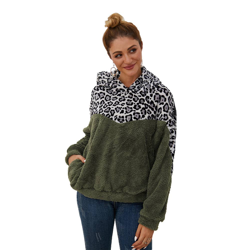 LEOPARD PRINT SPLICED DOUBLE-SIDED PLUSH HOODIE