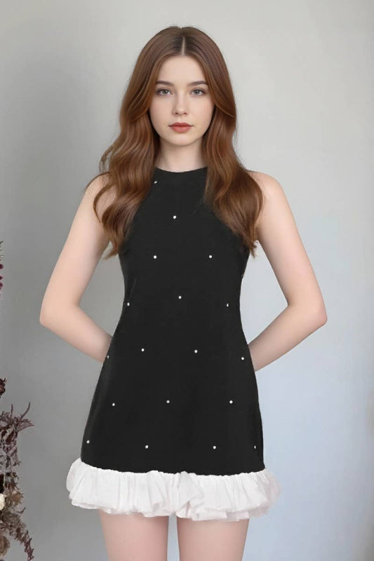 CWDSD8897_BLACK STAR PRINT SPLICED A-LINE SLEEVELESS DRESS