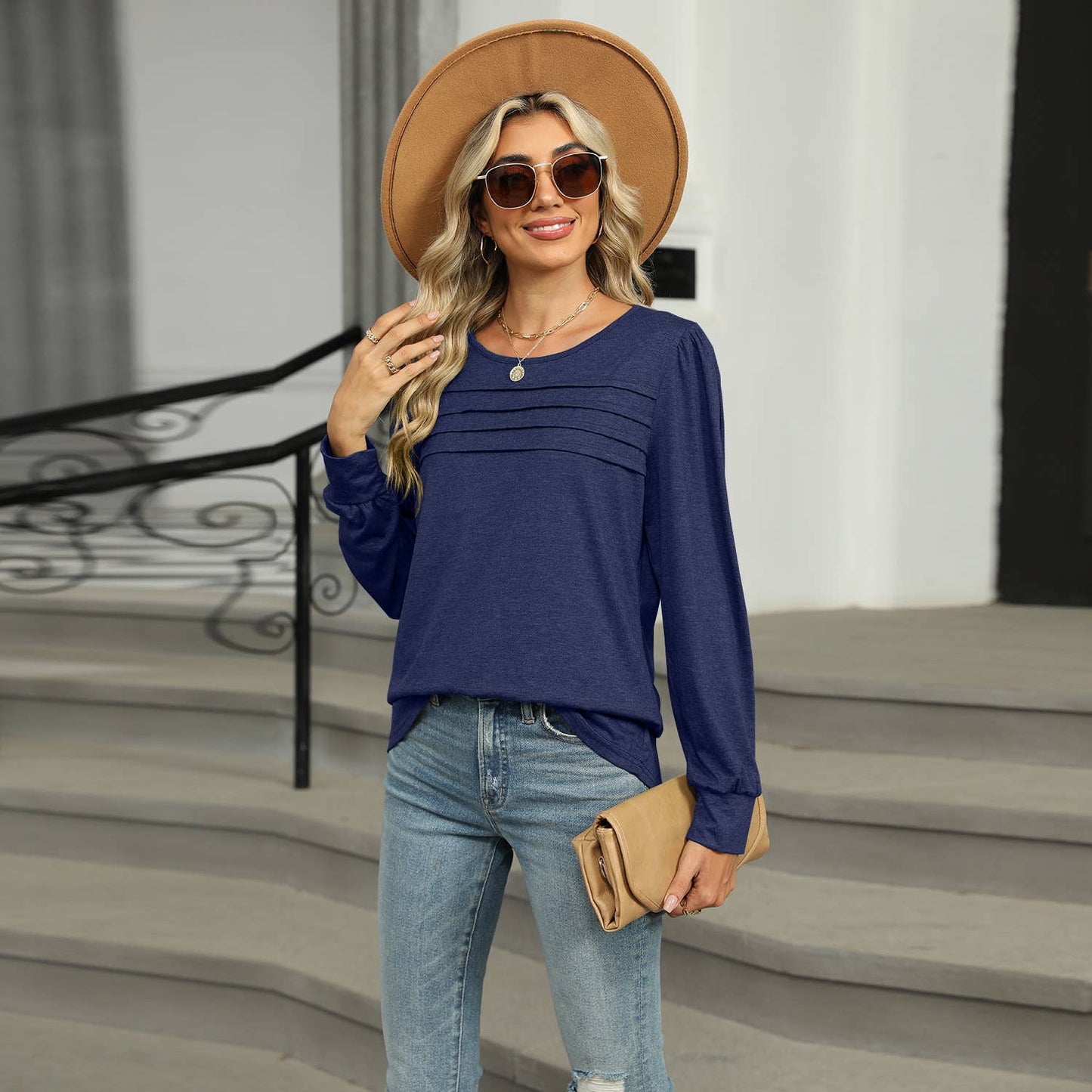 SOLID COLOR U-NECK PLEATED LONG SLEEVE TOP