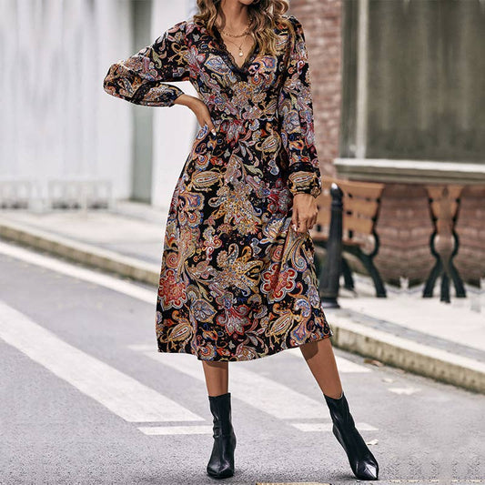 LACE V-NECK LONG SLEEVE PRINT SLIM-FIT DRESS
