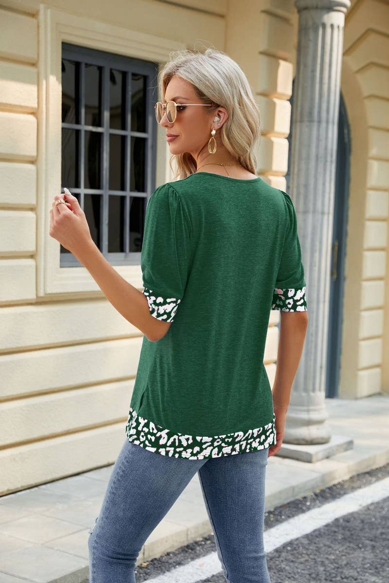 SQUARE COLLAR PRINTED PUFFY SLEEVE SLIT SHIRT_CWTSTS0128