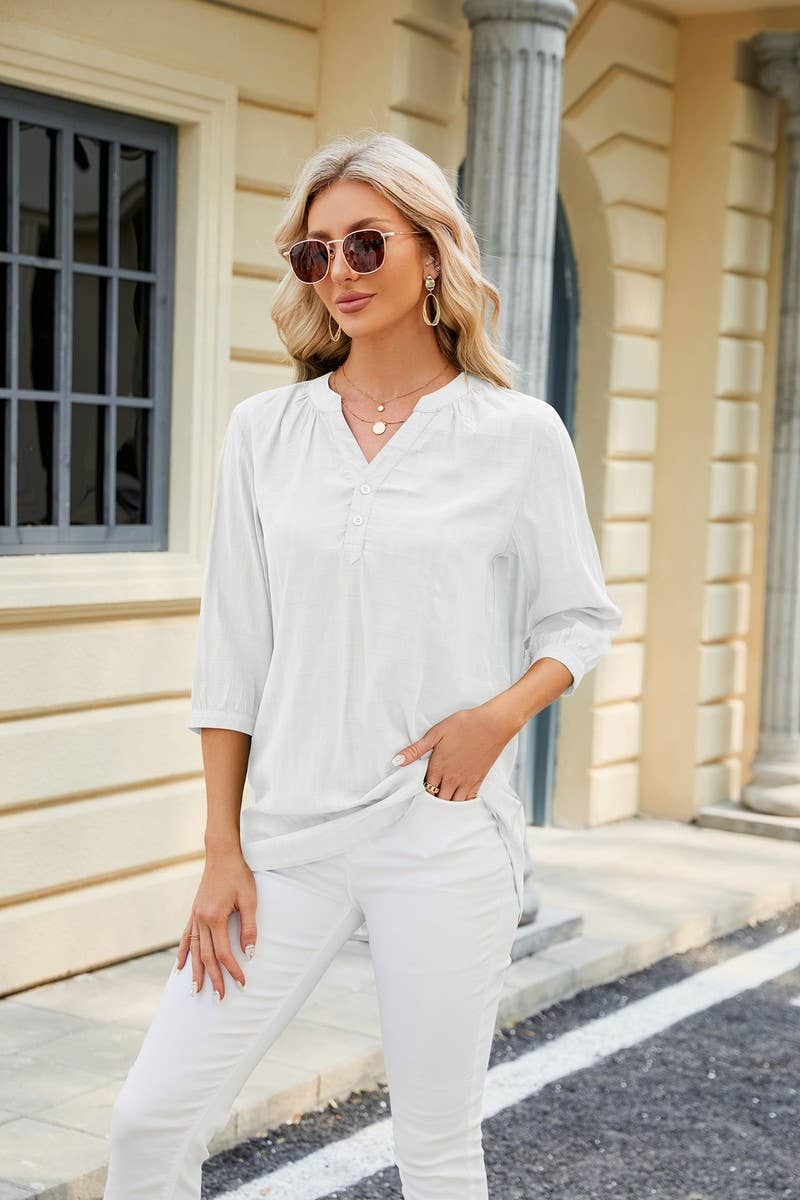 V NECK BUTTON UP T SHIRT_CWTSTS0283