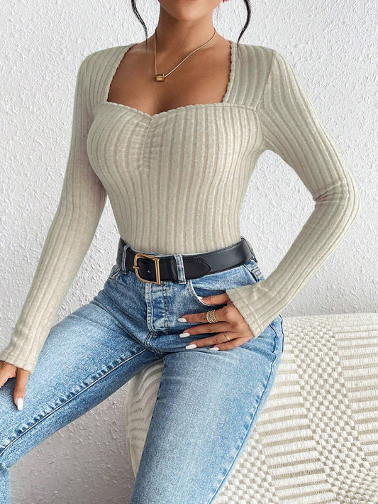 SQUARE COLLAR SOLID COLOR PIT STRIP SLIM KNIT TOP