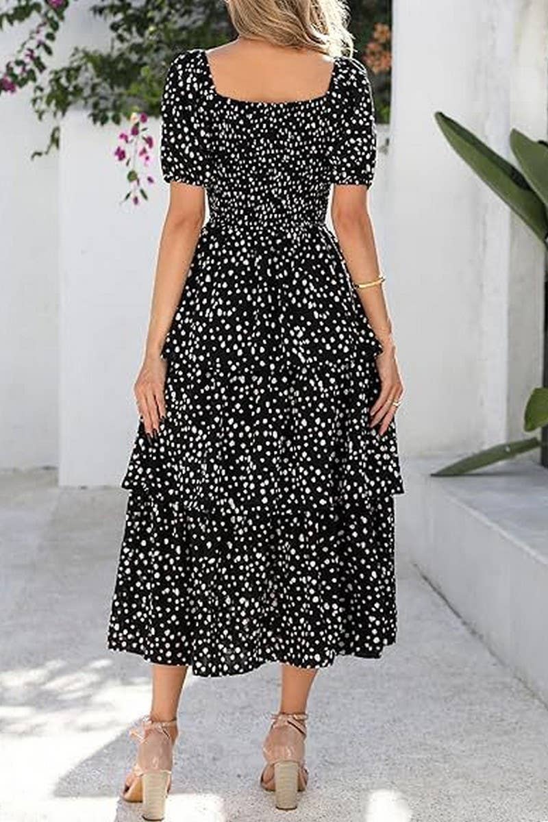 CWDMD01026_SQUARE NECK SHORT SLEEVE FLORAL CHIFFON DRESS