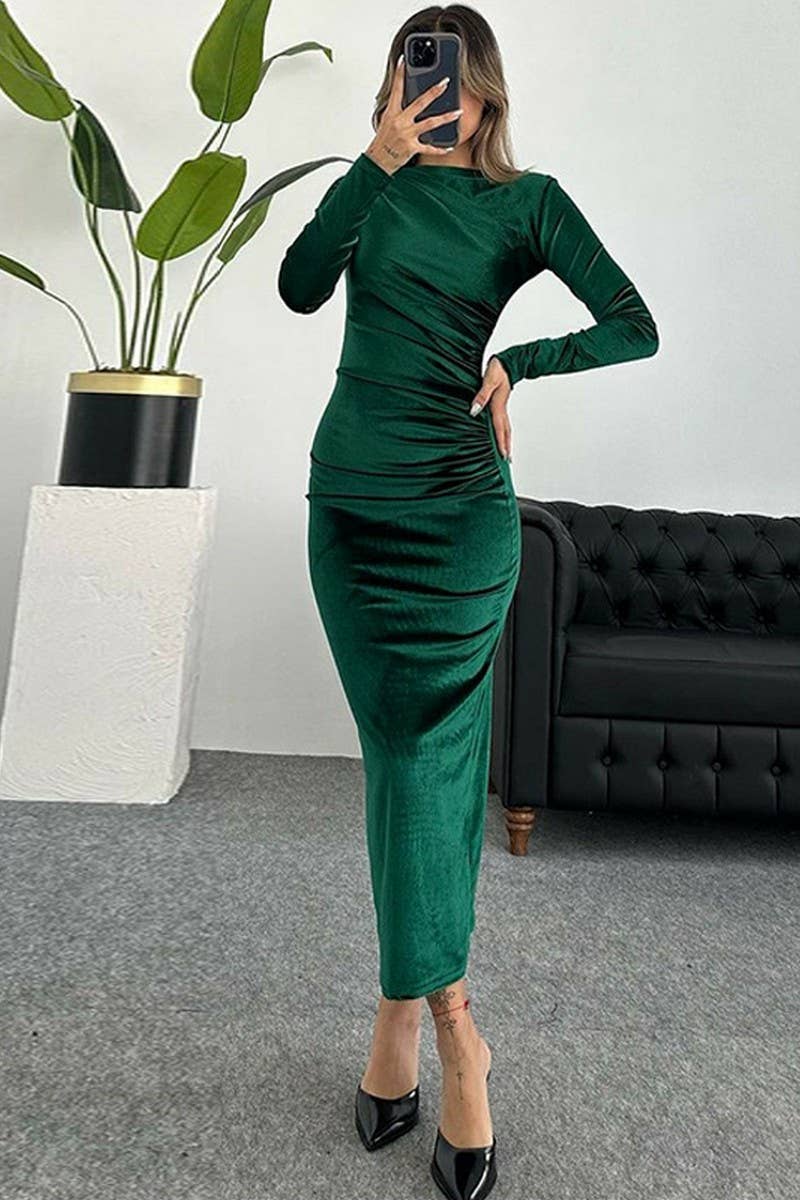 CWDMD4098_SLIM FIT PLEATED LONG SLEEVE TUXEDO DRESS