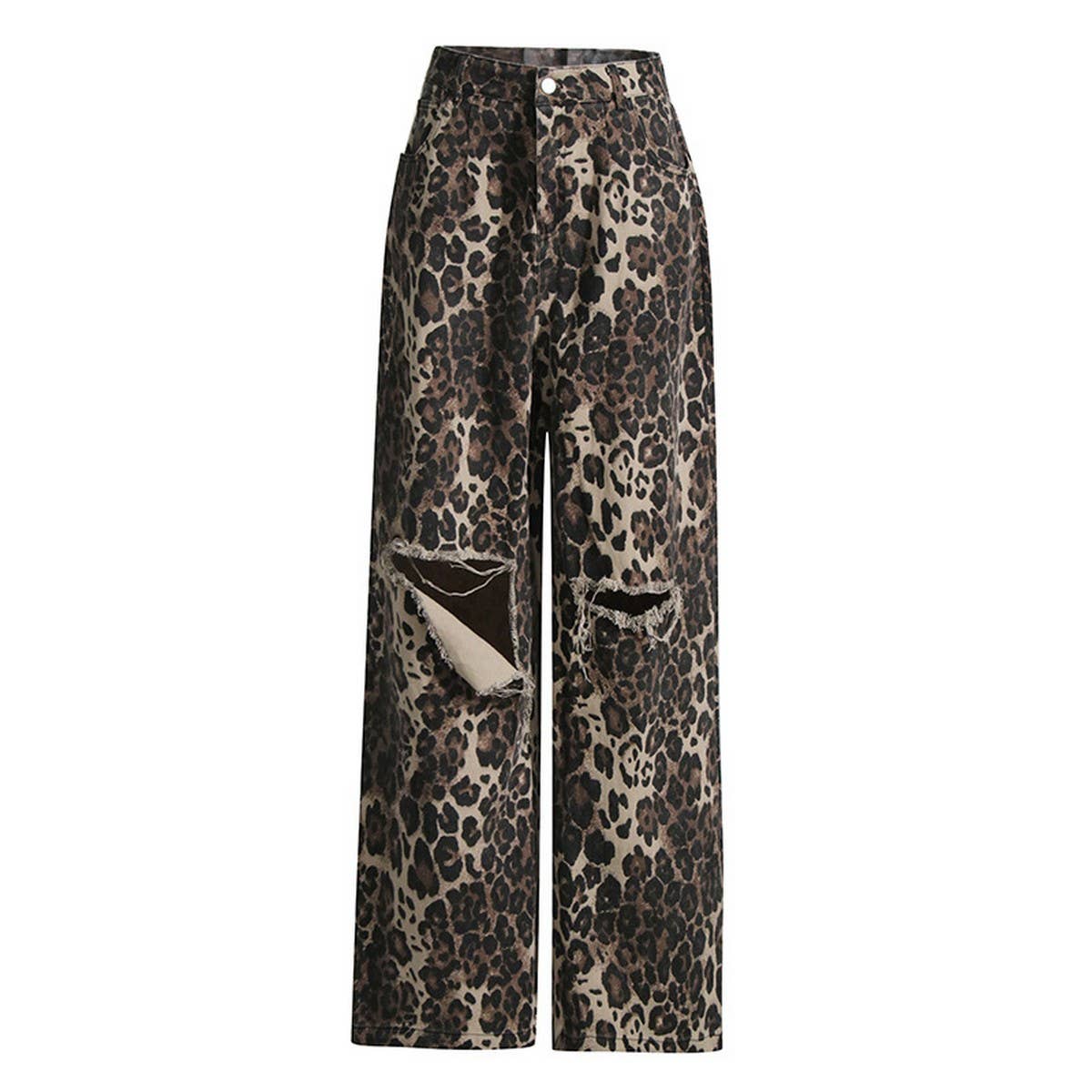 WOMENS LEOPARD PRINT DISTRESSED LOOSE FITTING JEANS