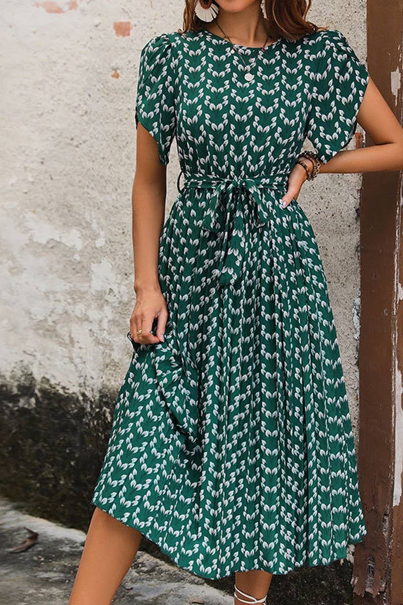 CWDSD2769_Round Neck Short Sleeve with Tie Dress