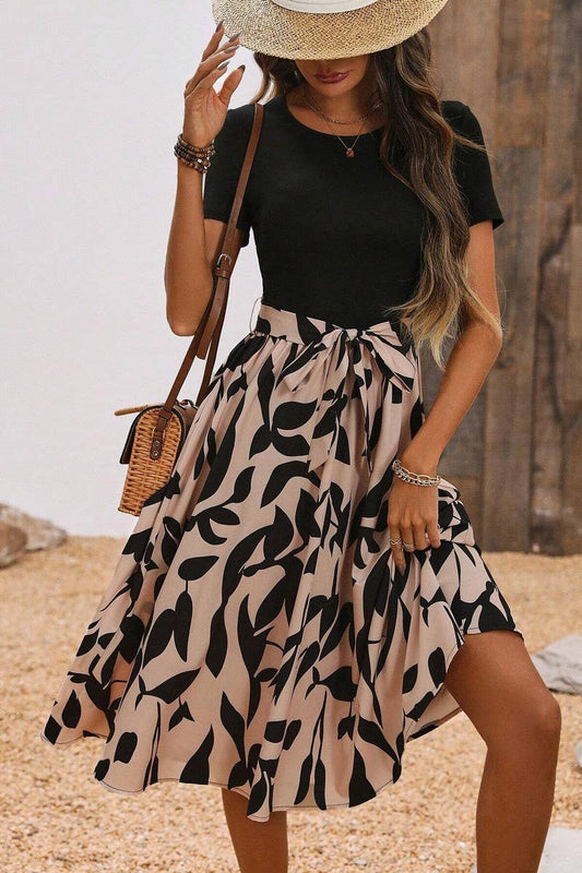 CWDMD4425_PRINTED PATCHWORK SHORT-SLEEVED DRESS