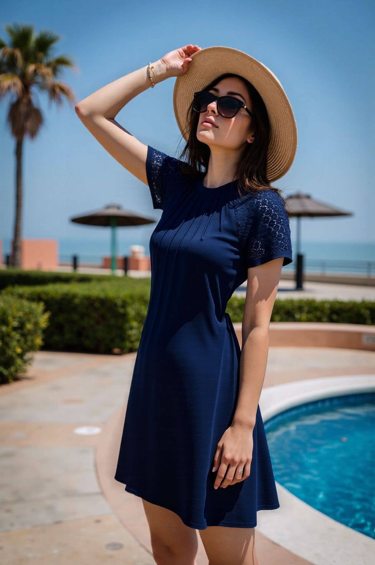 Solid-color hollowed-out lace round-neck dress