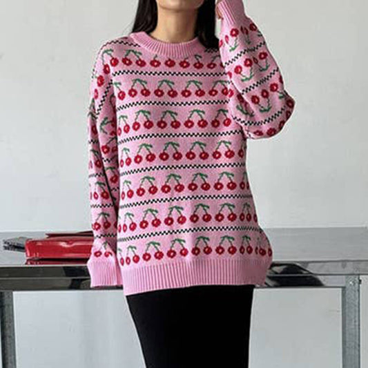 Vintage cherry jacquard knit crew neck pullover