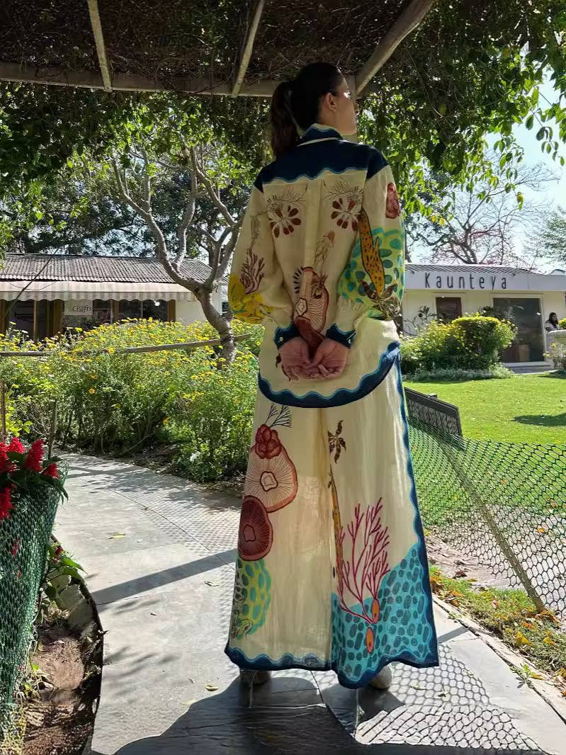 STYLISH PRINTED PUFFY SLEEVE HOLIDAY CASUAL SUIT