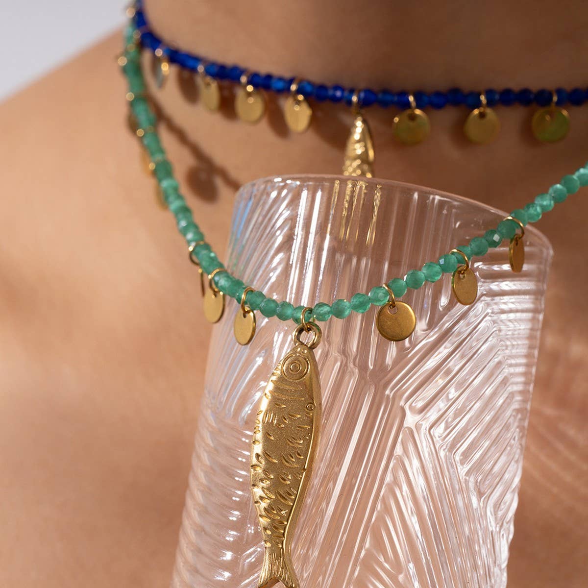 Natural Stone Necklace with Fish Pendant