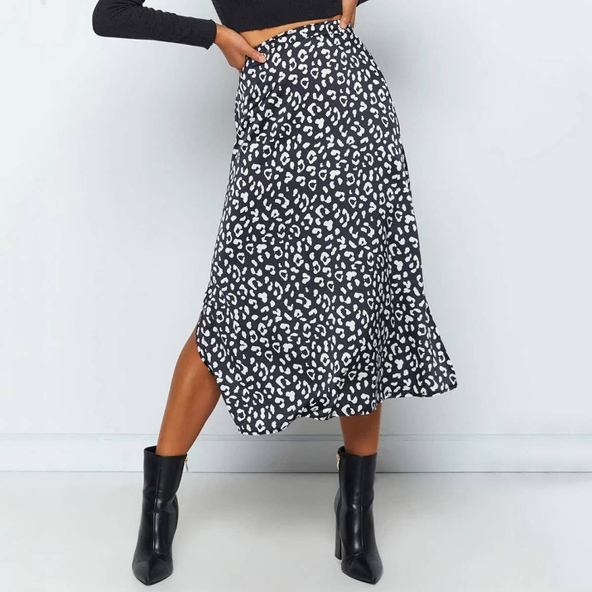 HIGH WAIST LEOPARD CHIFFON PRINT SLIT MIDI SKIRT