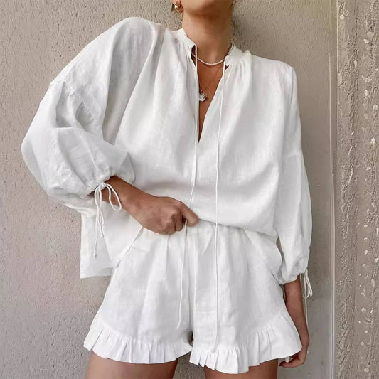 Solid color V-neck top shorts cotton linen suit