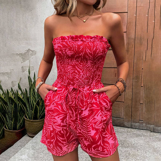 ONE-LINE SHOULDER ELASTIC PRINT TOP UP JUMPSUIT