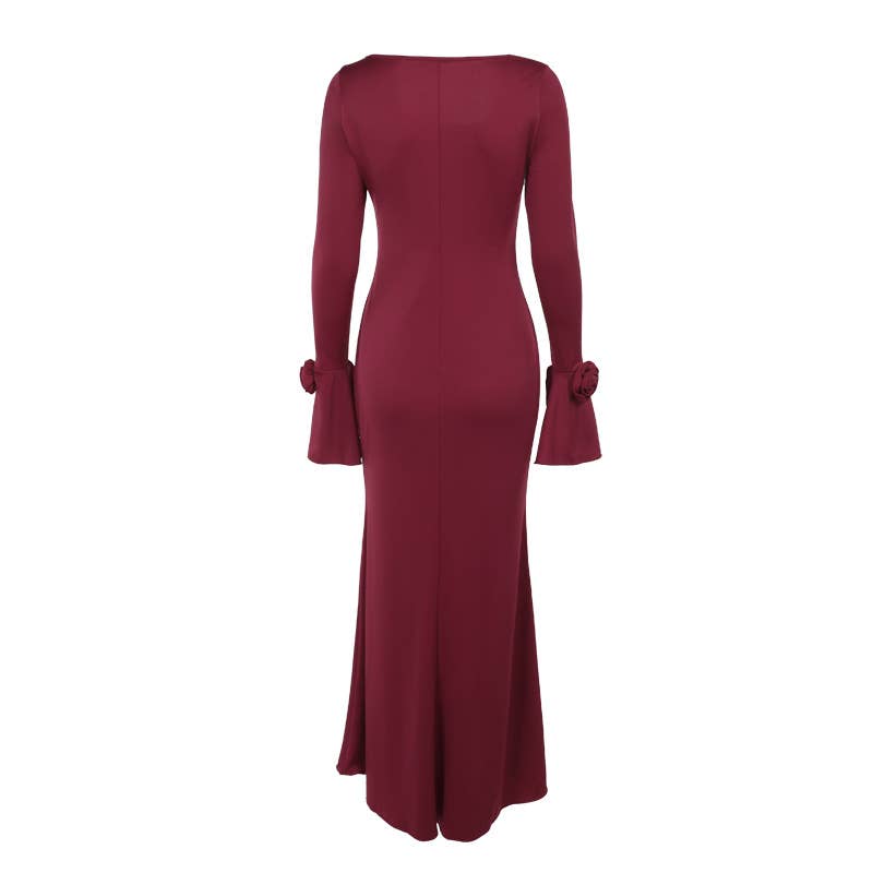 ELEGANT CREW-NECK ROSE LONG-SLEEVED DRESS