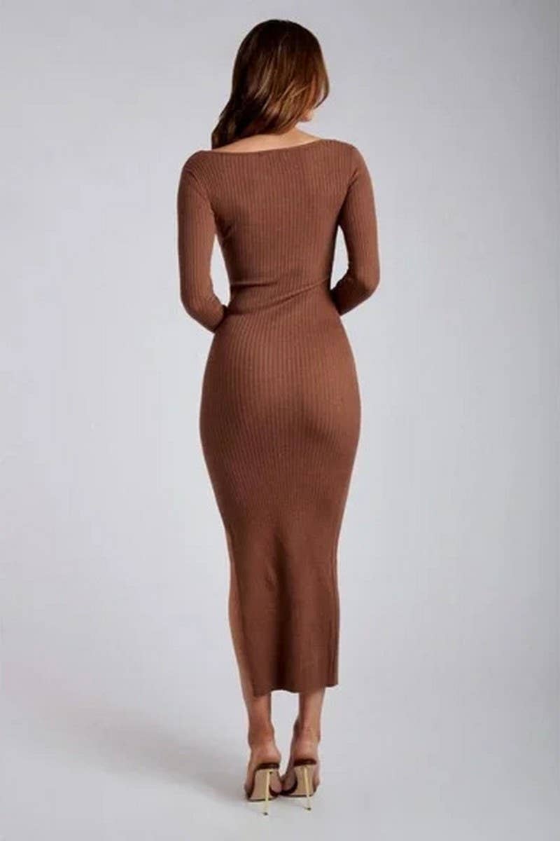 CWDMD3918_SQUARE NECK LONG SLEEVE SLIT KNIT HIP DRESS