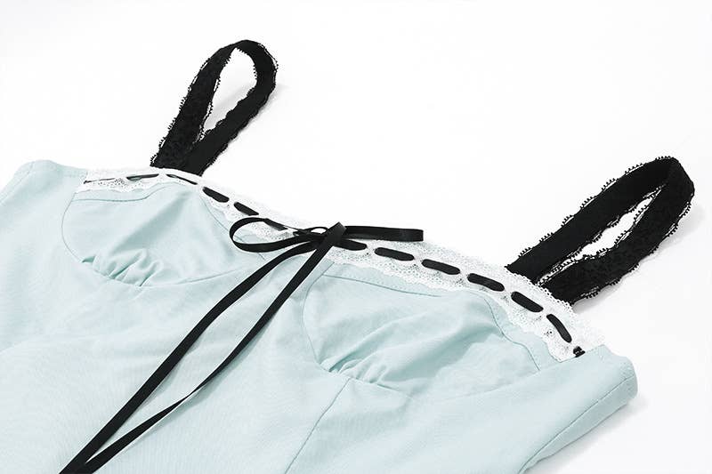 Lace square neck lace-up low-cut halter top