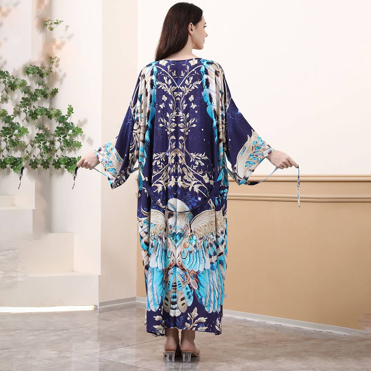 Eagle Print Rayon Beach Kimono Cover-Up