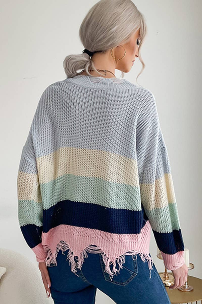 STRIPED V-NECK SWEATER IN CONTRASTING COLORS