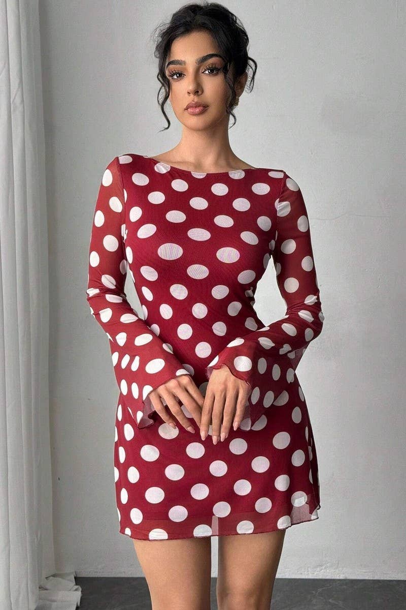 CWDSD8265_POLKA DOT OPEN BACK MESH BELL SLEEVE MINI DRESS