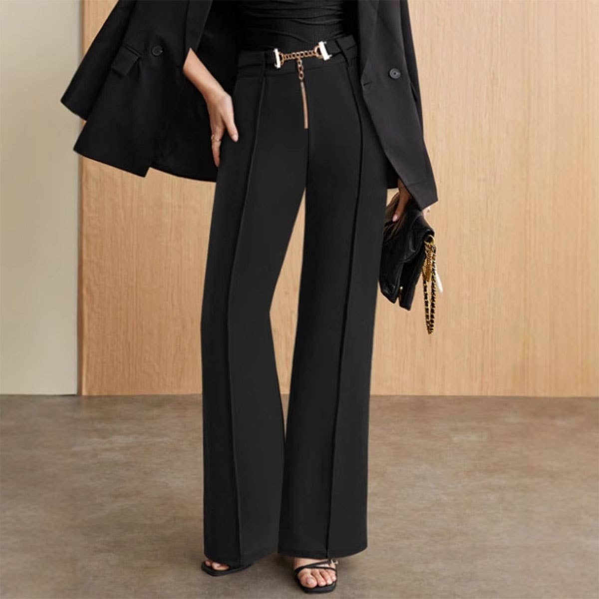 PAIR METAL BELTS HIGH-WAISTED STRAIGHT-LEG PANTS