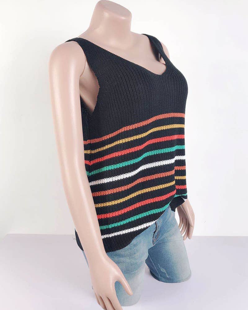 U-neck colored striped knitted I-shaped vest