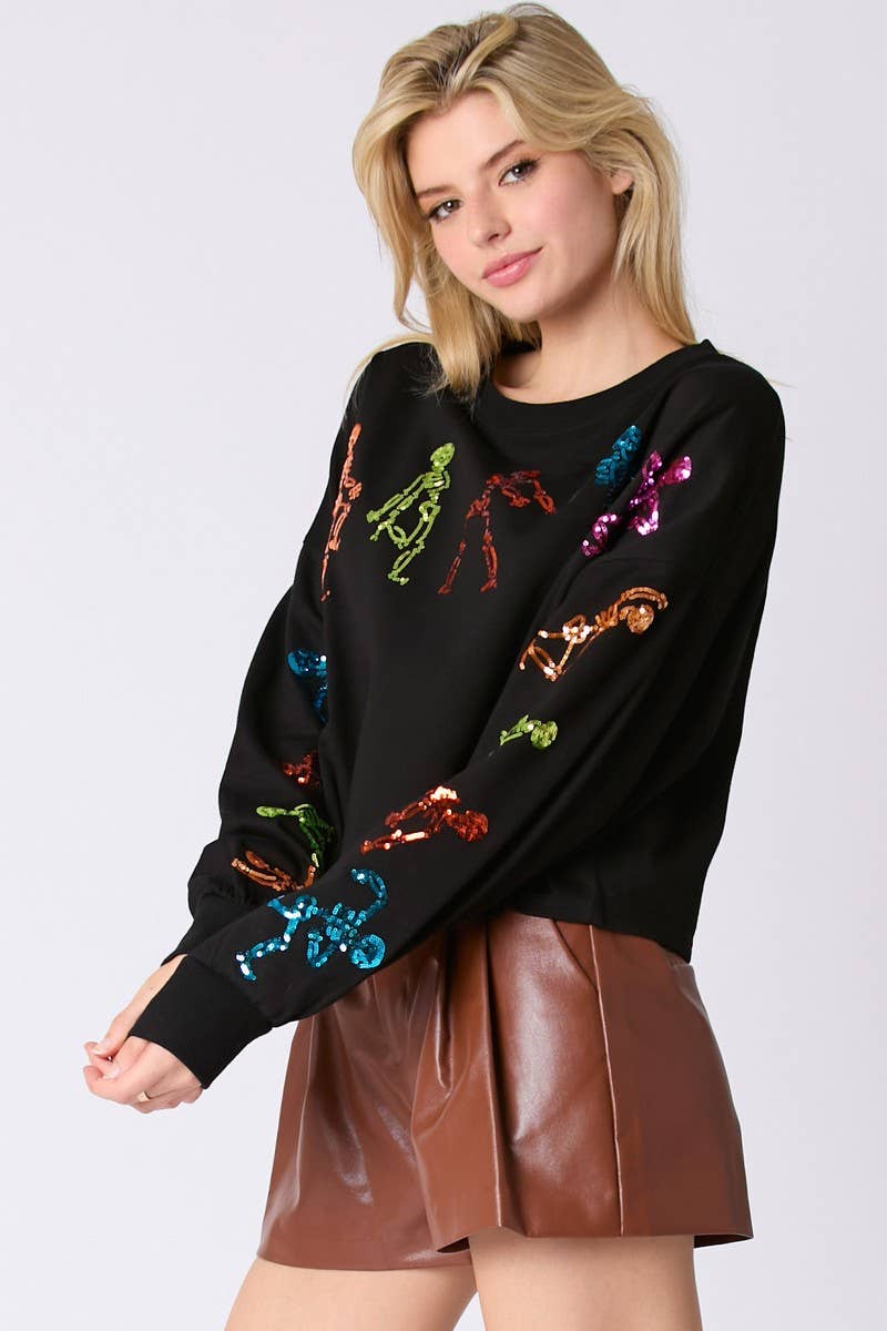 CWOSWL07752_HALLOWEEN SKELETON SEQUIN TOP LOOSE SWEATSHIRT