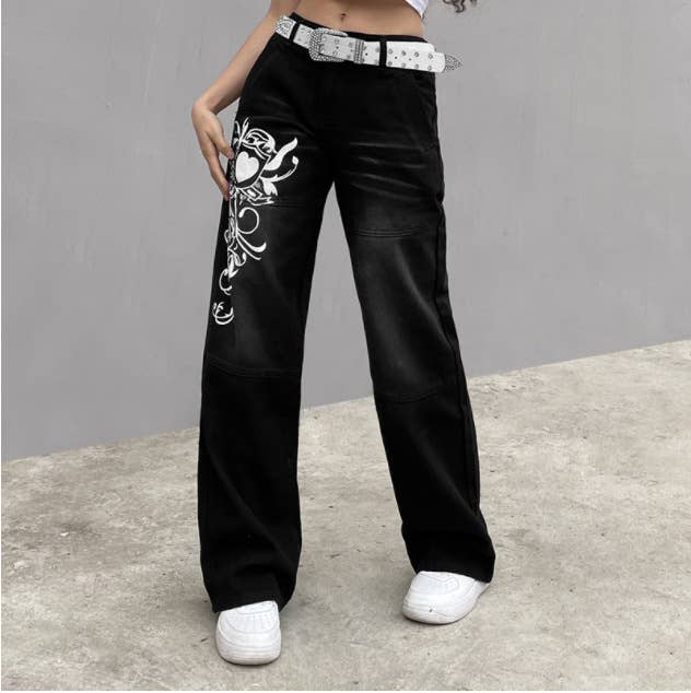 Fashion printed straight-through wide-leg jeans