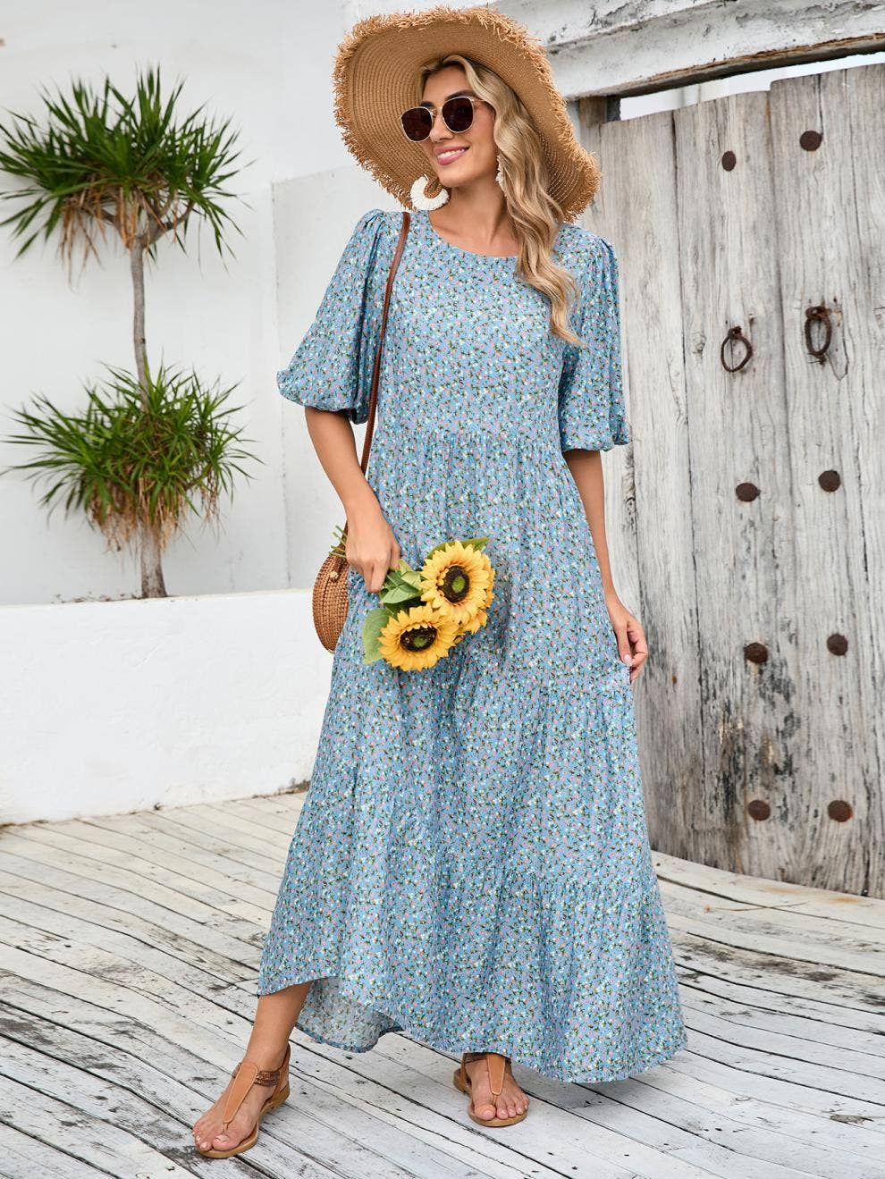 Puffy sleeve crew neck floral print long dress